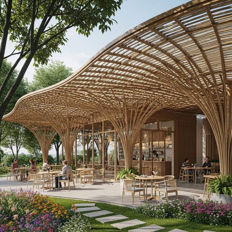 หลังคาไม้ไผ่ทรงโค้งตกแต่งคาเฟ่กลางสวนอย่างมีสไตล์