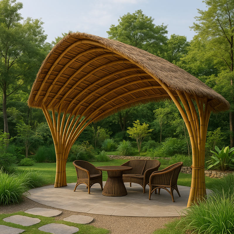 สวนกลางแจ้งตกแต่งด้วยหลังคาไม้ไผ่ธรรมชาติ โครงสร้างโค้งงาม