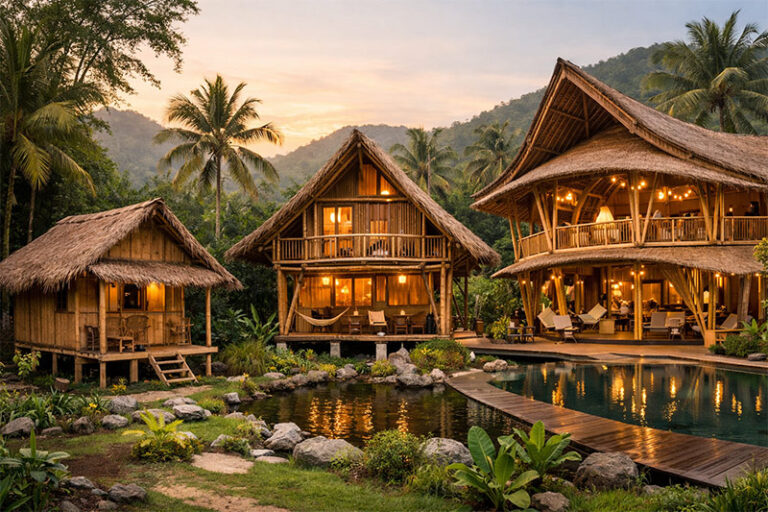 บ้านไม้ไผ่ดีไซน์ร่วมสมัยหลายขนาด ตั้งแต่หลังเล็กจนถึงบ้านพักหรู